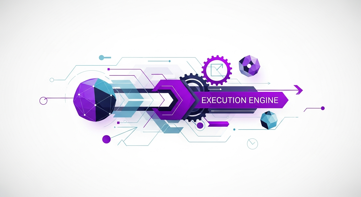  Representação visual de um Execution Engine com processos automatizados e IA analisando dados.