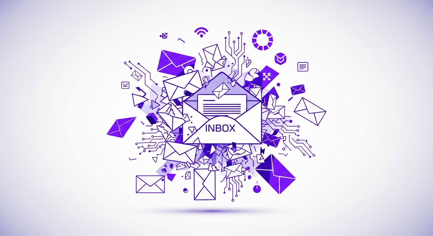  Representação gráfica da desorganização de caixas de entrada de e-mail vs. uma interface unificada e organizada.