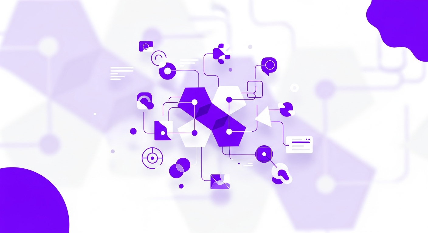 Representação gráfica da interconexão de ferramentas e ativos digitais em uma agência digital.