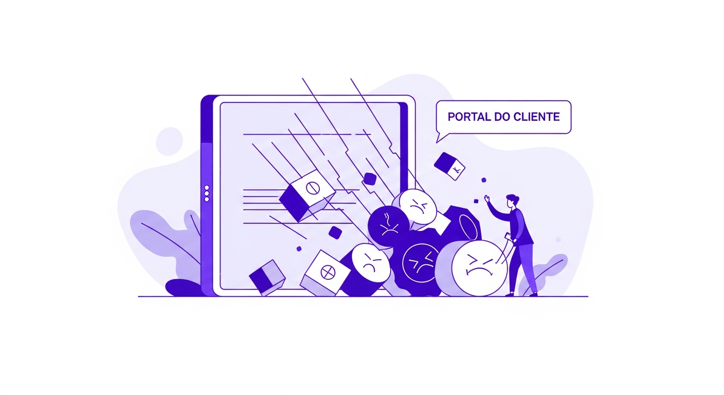  Representação visual do caos de comunicação: Ana sobrecarregada com múltiplos monitores, e-mails e telefonemas.