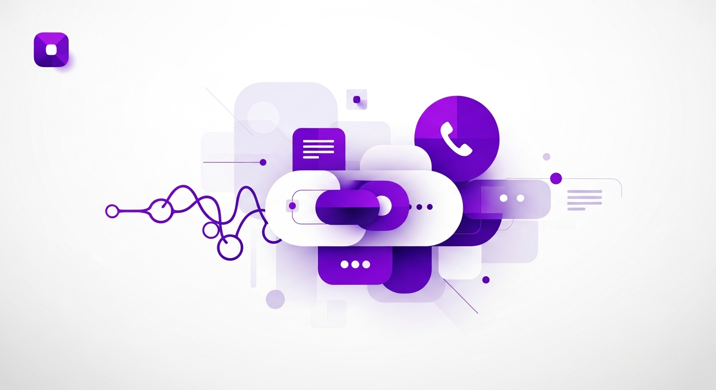  Ícones de diferentes canais de comunicação (telefone, WhatsApp, e-mail) unificados em uma interface de CRM, simbolizando a integração Omnichannel.