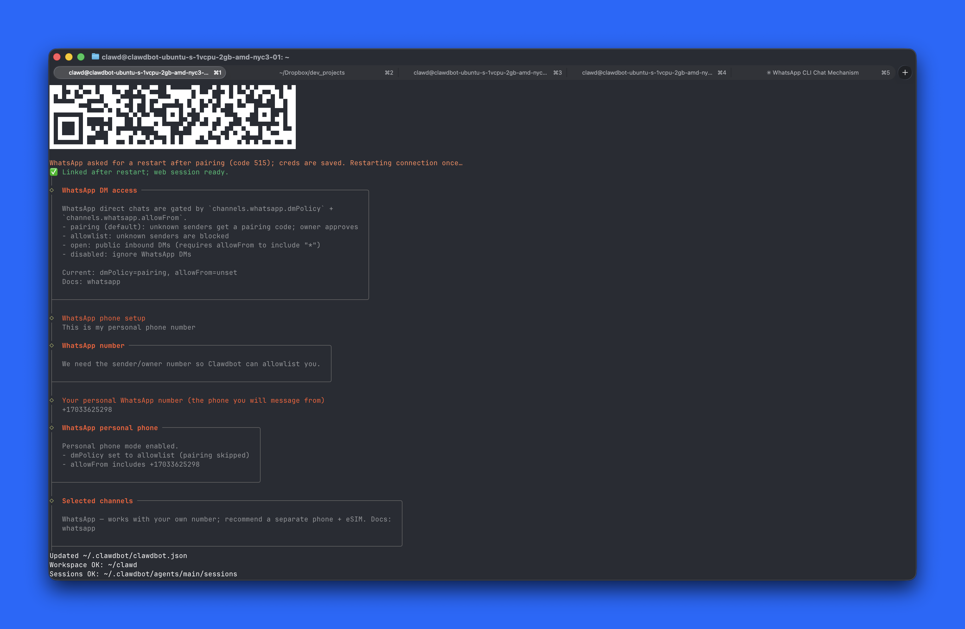 Moltbot onboarding wizard with WhatsApp QR code