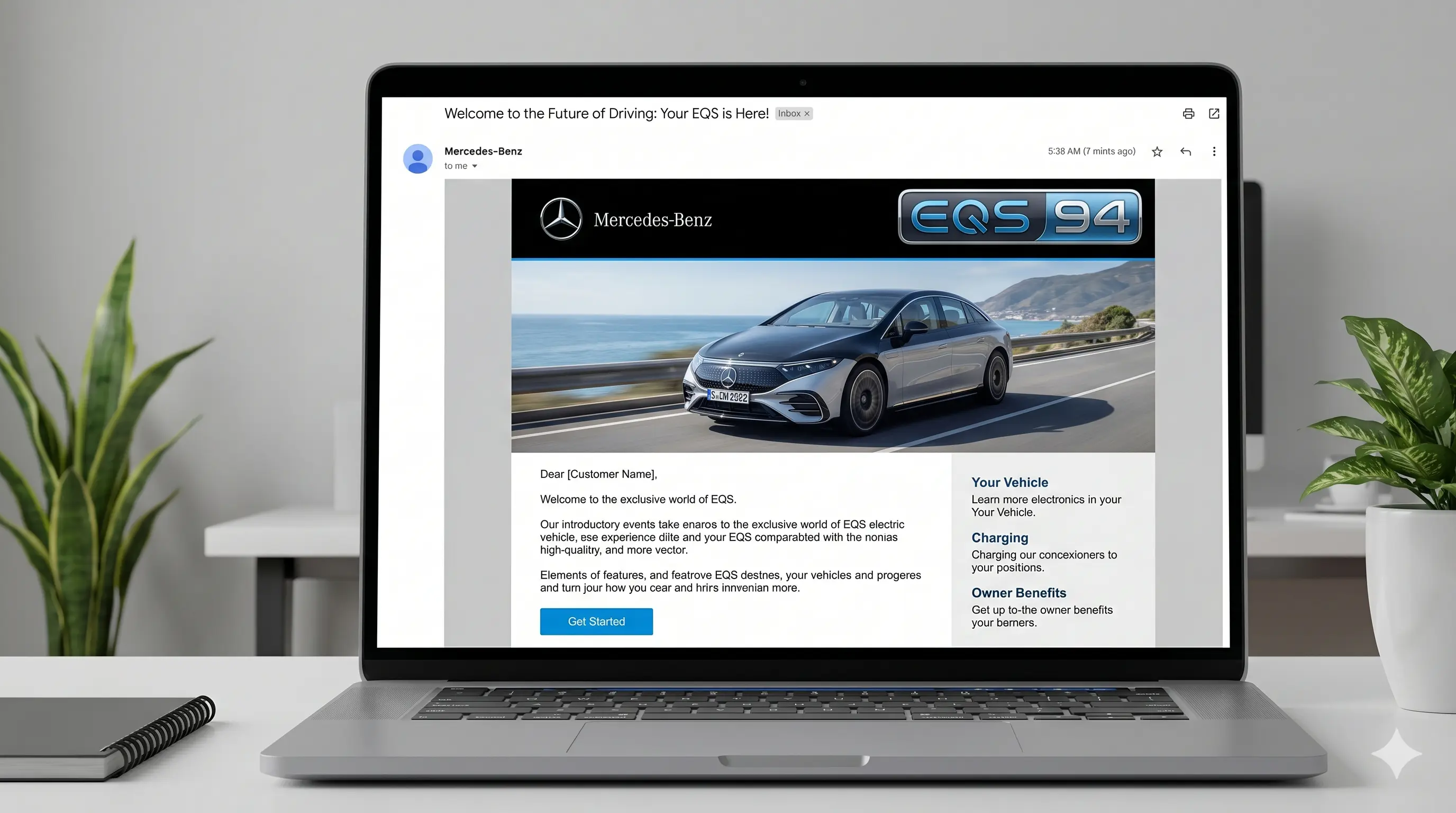 A welcome email mockup with EQS 94 badge in the corner