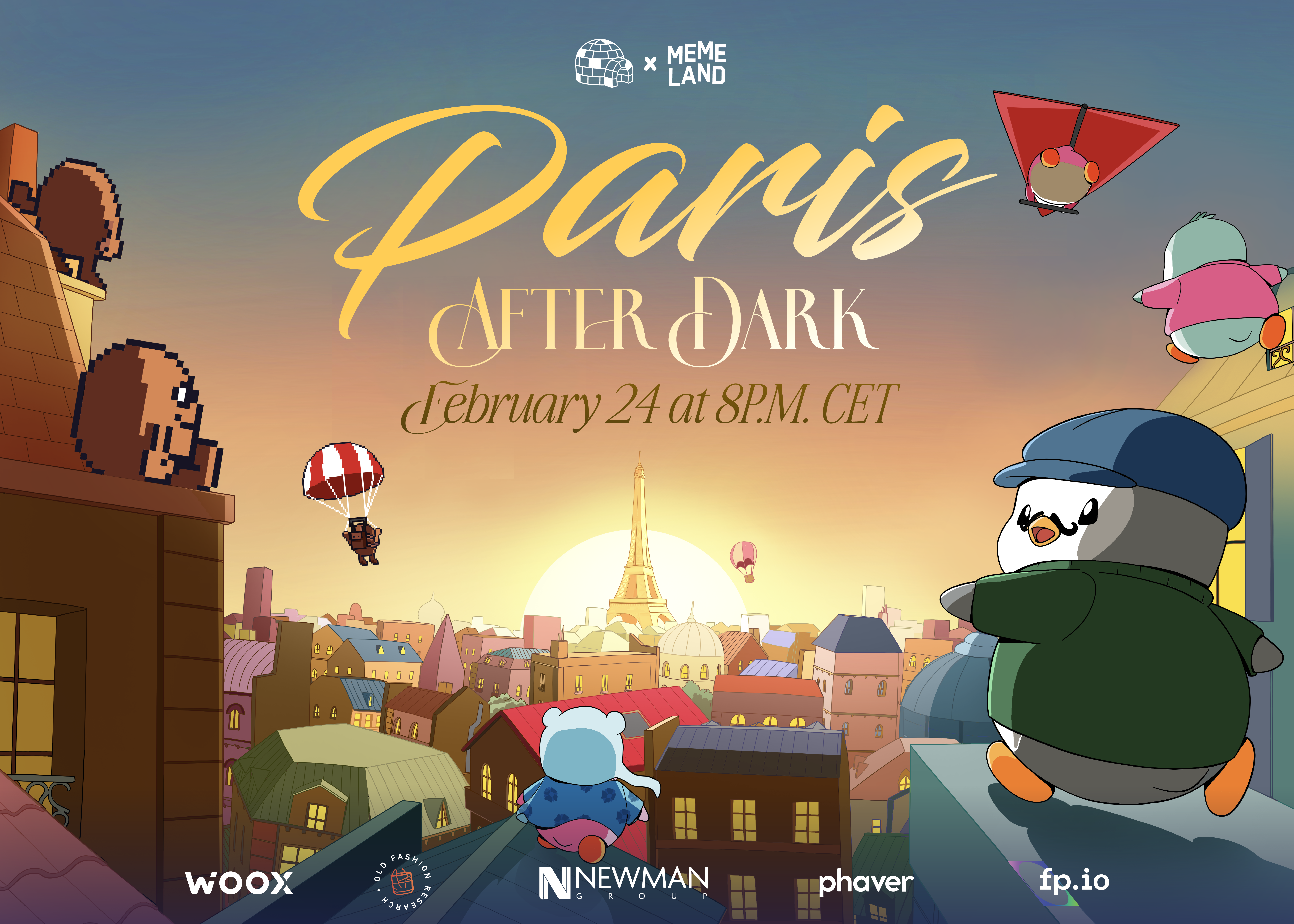 Pudgy Penguins x Memeland: Paris After Dark background image