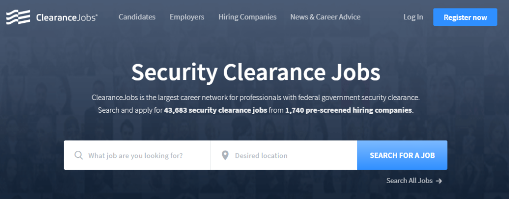 Image snippet of Job Search Engine, ClearanceJobs' front page with focus on search.