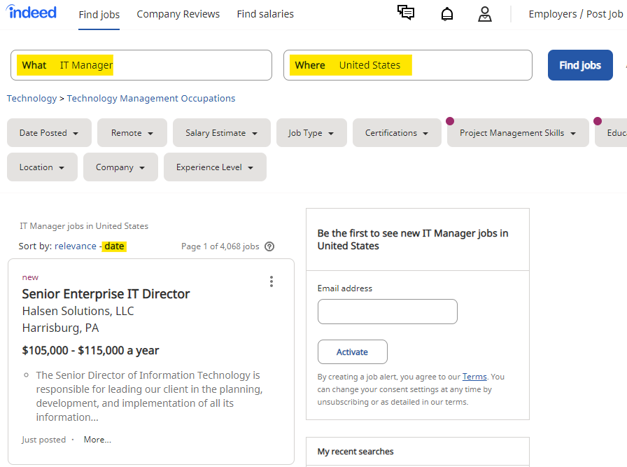 Indeed's search page showing highlighted sections where to put your job search title and location and were to select the 'Sort by:' to show newest jobs first.