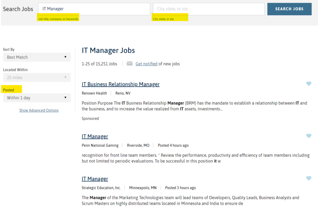 LinkUp's search page showing highlighted sections where to put your job search title and location and were to select the 'Posted' filter for jobs posted in the last day.