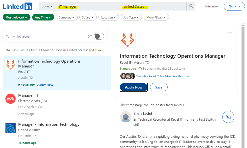 LinkedIn search page showing highlighted sections where to put your job search title and location.