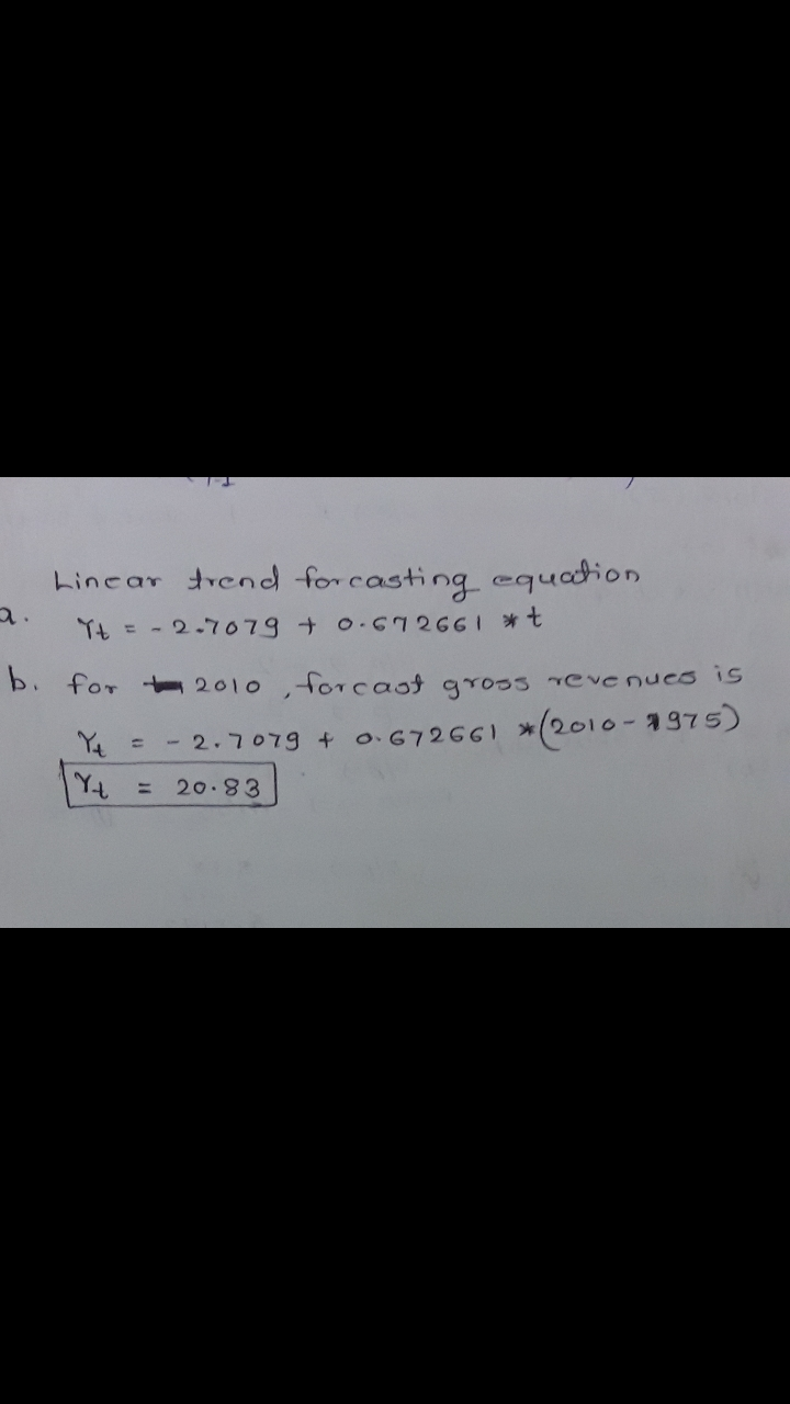 A: b. Linear trend for casting equation Y = - 2.70794 o C 1 2 GG | * * for 2010, forcast gross revenues is Yt = -2.7079 + 0.6