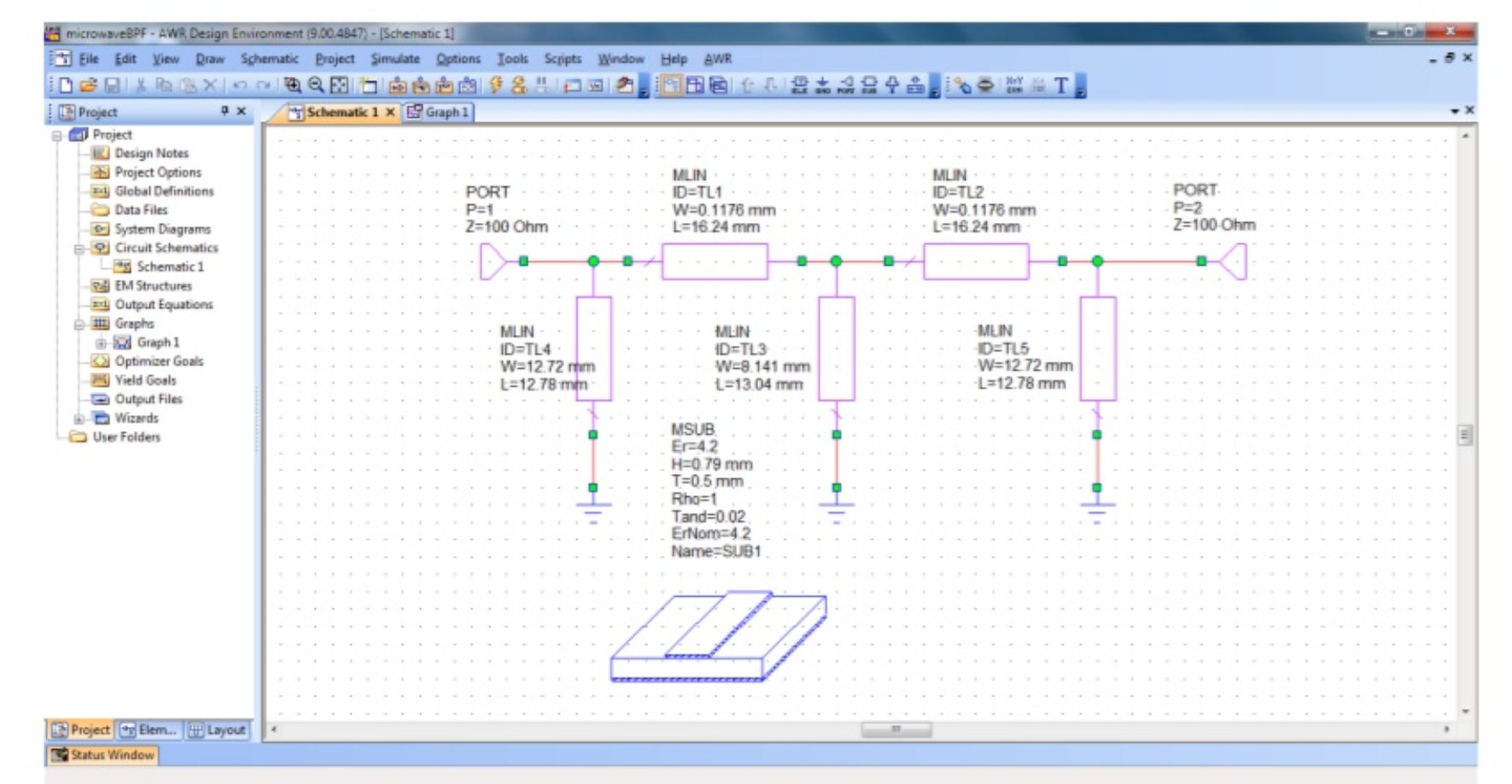 microwaveBPF - AWR Design Environment 9.00.4547) - Schematic 11 Eile Edit View Draw Schematic Project Simulate Options Tools