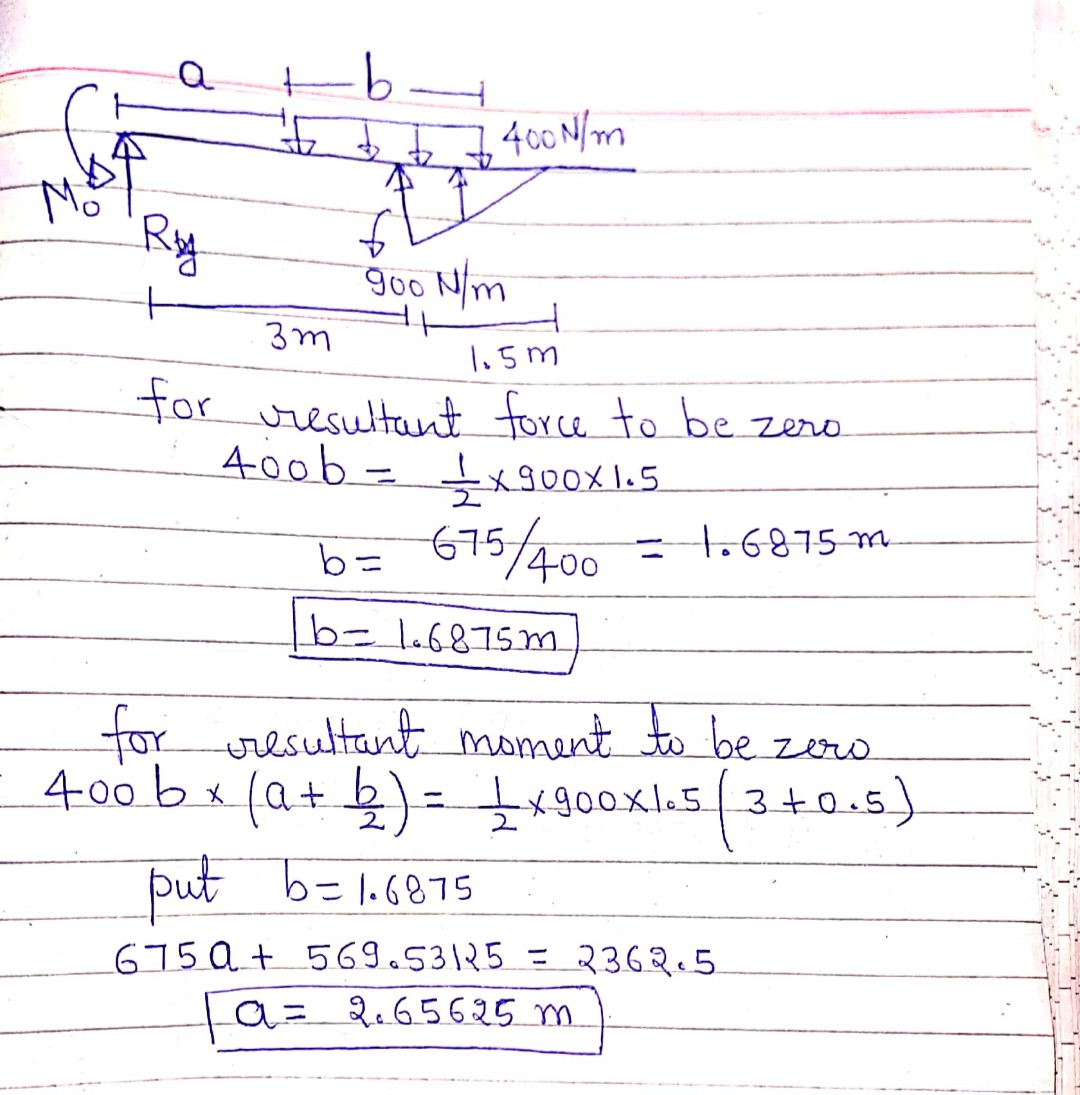 a tb b a 6 7 400 N/m goo Nim - 3m thism for resultant force to be zero : toob = 4x900x1.5 b= 675/400 = 1.6875 m [b= 1.6875m)