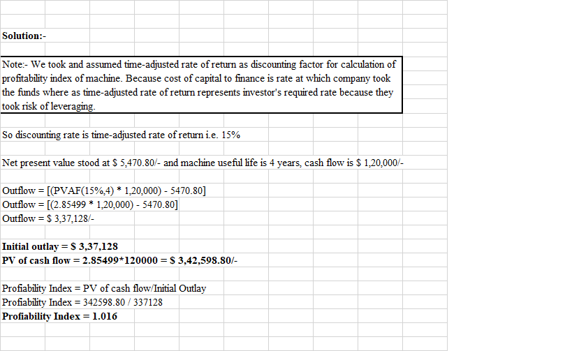 Solution:- Note:- We took and assumed time-adjusted rate of return as discounting factor for calculation of profitability ind