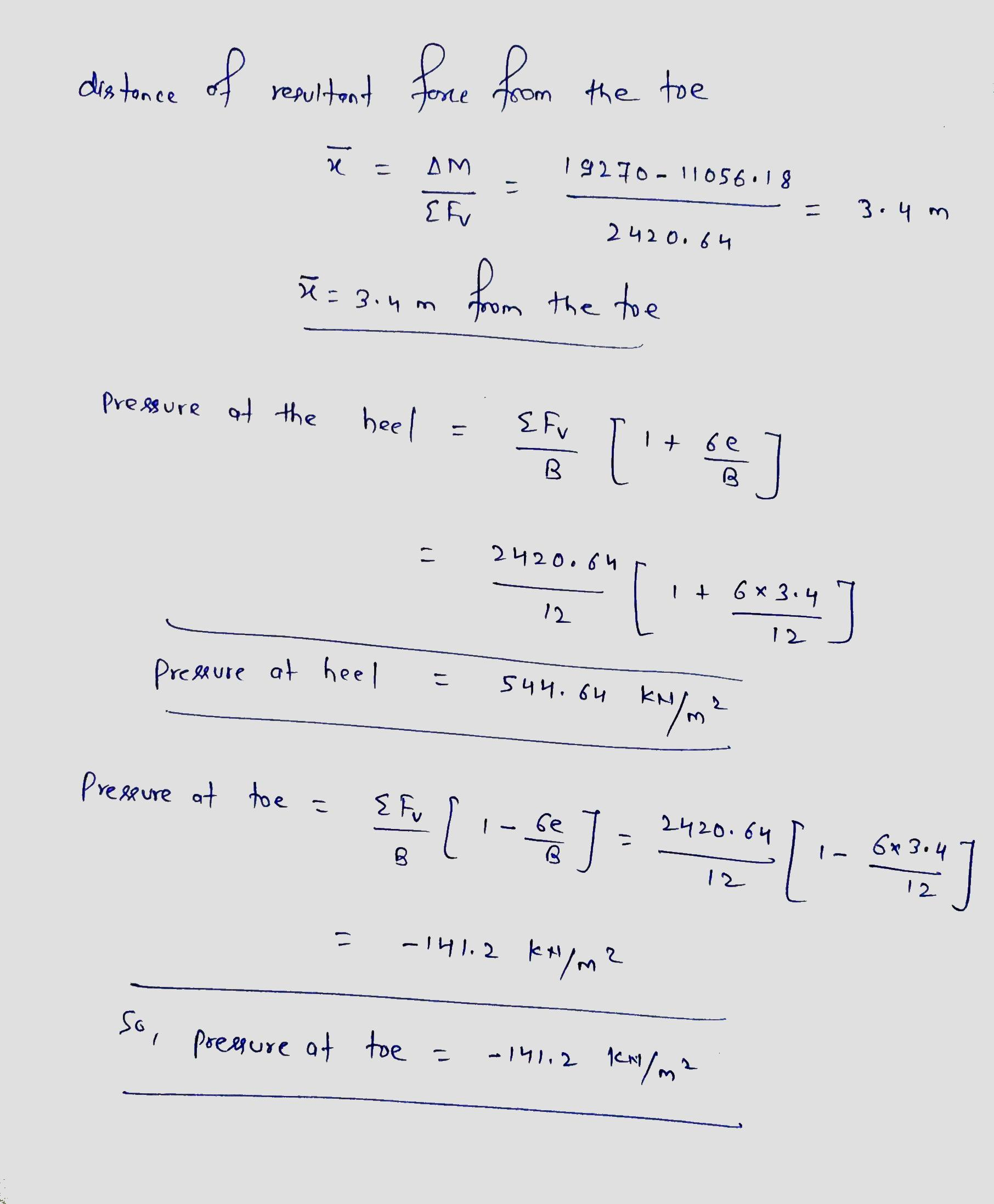 distance of reavitant fore from the toe n - AM 19270-11056.18 Ef - 3.4 m 242 0.64 T= 3.4m from the toe Pressure at the heel E