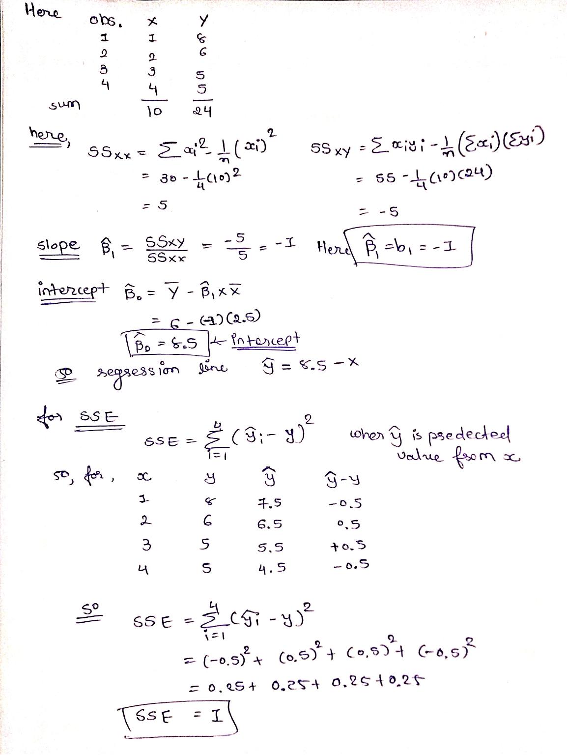 Here 016. X Ð£ 1 I 2 3 XHamsle Xou nola 3 4 sum 10 24 here, 2 SSxx = Exi? () 21 30 - C1032 SS xy = {citi - (Exi)(Ex:) 55-C10(