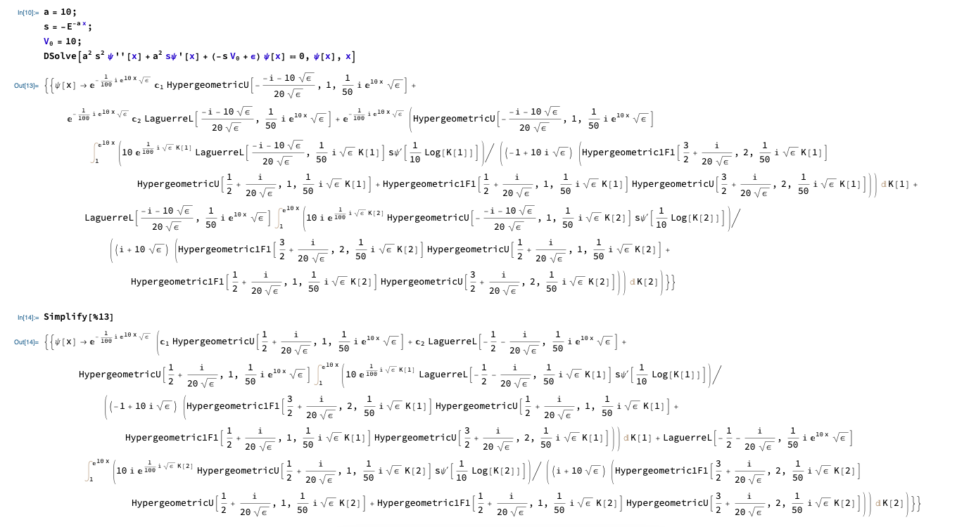 Out|131 e 1991210x i elex 169 i elex ve e 109 110 x 3 i 1 In[10]:= a = 10; SE-Eax; V, = 10; Dsolve [a? s?[x] + a’ s[x] + (-