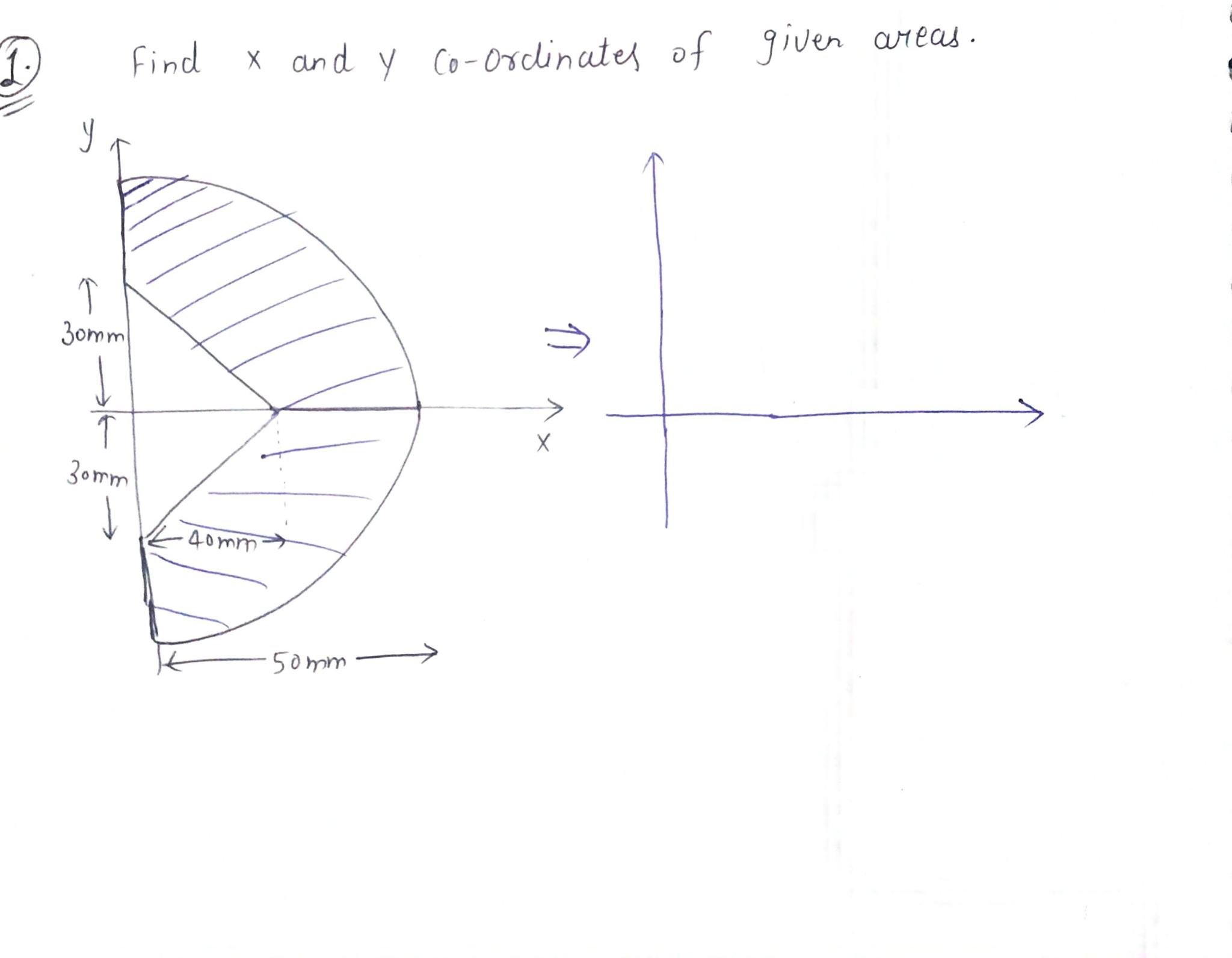 1. find X and Y Co-Ordinutes of given areas. 30mm 11 J ? Zoom 40mm 50mm