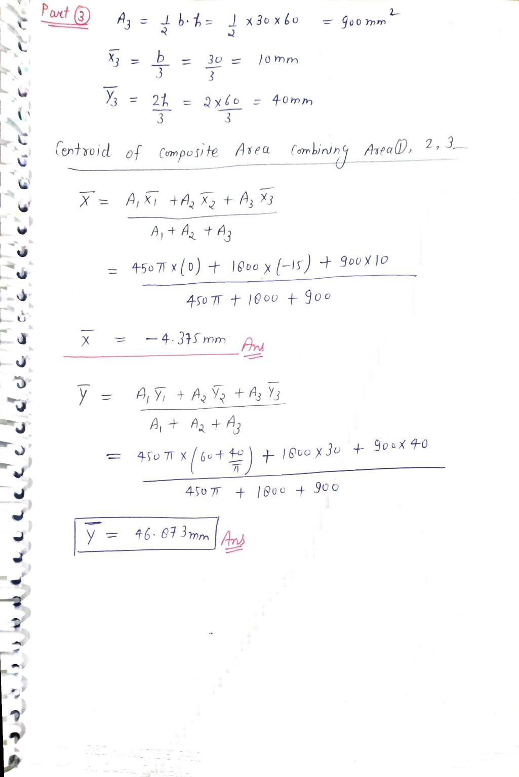 Part 3 2 2 Az = $b.h= x 30 x 60 goomm wl 30 - b ? 3 lomm 3 y, = 2h 3 = 2x60 = 40mm 3 ??? Centroid of Composite Area Combining