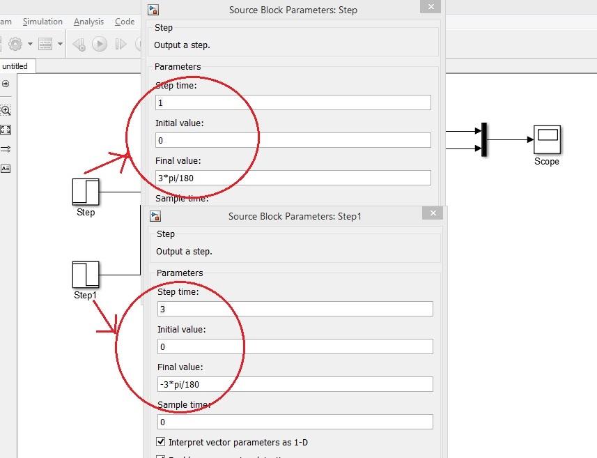 X Source Block Parameters: Step am Simulation Analysis Code Step Output a step. Parameters Step time: untitled t 1 Initial va