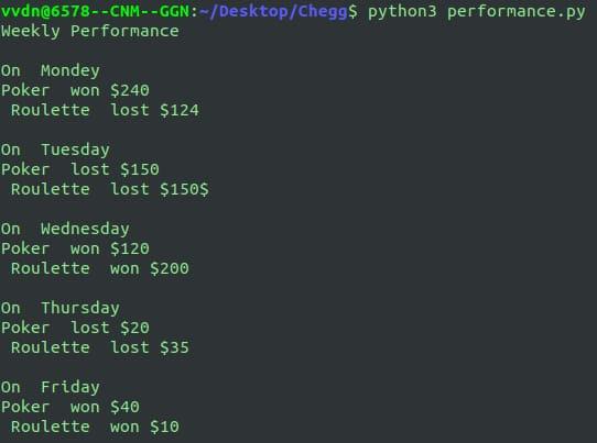 vvdn@6578--CNM --GGN:-/Desktop/Chegg$ python3 performance.py Weekly Performance On Mondey Poker won $240 Roulette lost $124 O