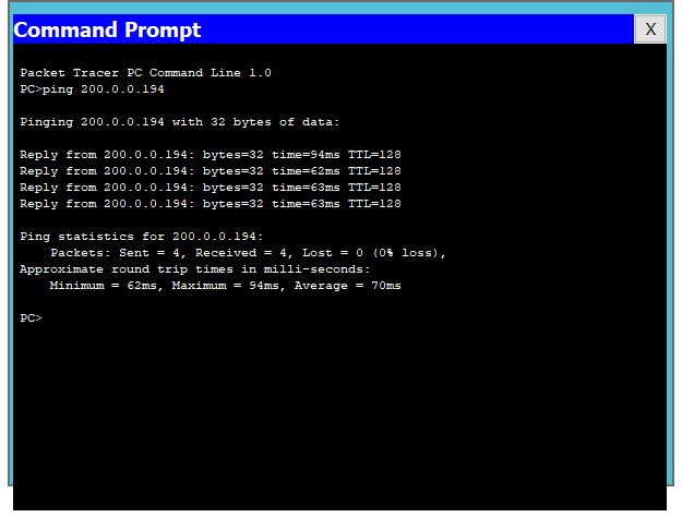 Command Prompt X Packet Tracer PC Command Line 1.0 PC>ping 200.0.0.194 Pinging 200.0.0.194 with 32 bytes of data: Reply from