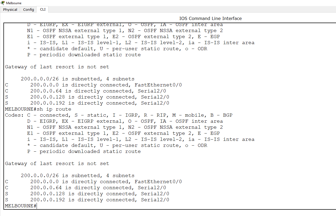 Melbourne Physical Config CLI IOS Command Line Interface D EIGRP, EX - EIGRP external, O OSPF, TA - OSPF inter area N1 OSPF N