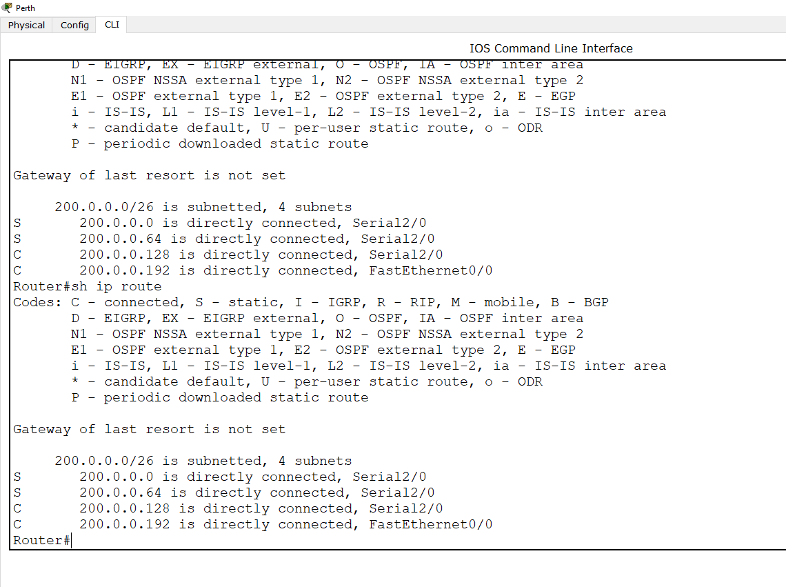 Perth Physical Config CLI IOS Command Line Interface D EIGRP, EX - EIGRP external, O OSPF, TA - OSPF inter area N1 OSPF NSSA