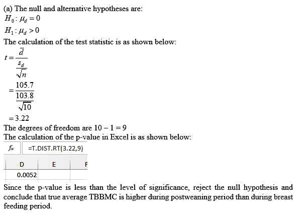 (a) The null and alternative hypotheses are: Há»: A = 0 Hu>0 The calculation of the test statistic is as shown below: Ä t= To