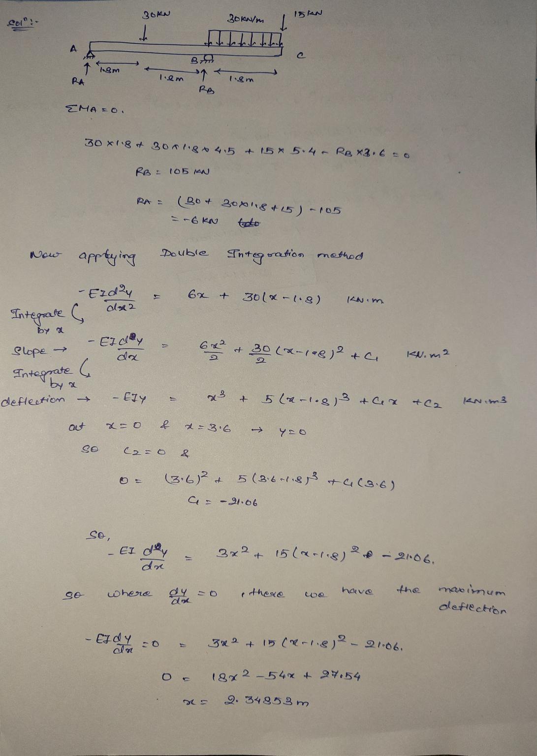 30KN 20Nm to Il th Ð â†‘ 1.8m Tiem 1. 1.8m RB EMAO 30x118 of 3on1.8 4.5 & 15x 5.4. Rex2.6 to RB = 105 MN RA = (30 + 3070185)-10