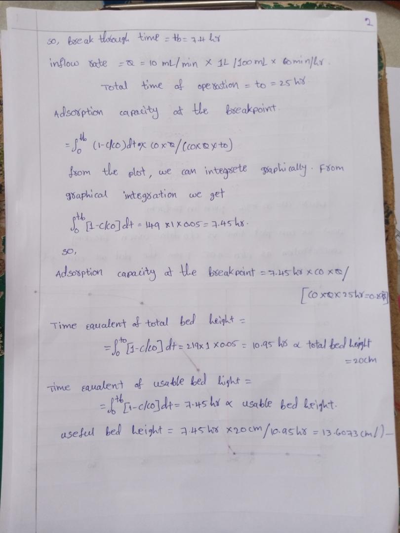 2 so break through time = th= 7.4 hor inflow rate = Q = 10 ml/min x 1L/100 ml x 6ominslor Total time of operation Adsorption