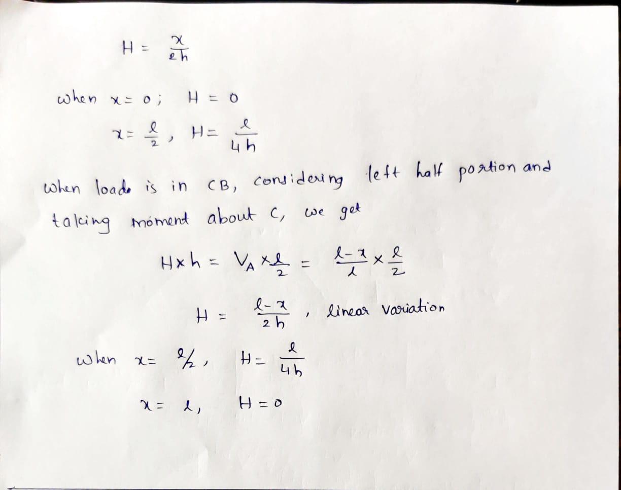 H = eh when x=0 H = 0 7, HE 4 h when loado is in CB, considering left half portion and taking moment about c, we get Hxh= VA