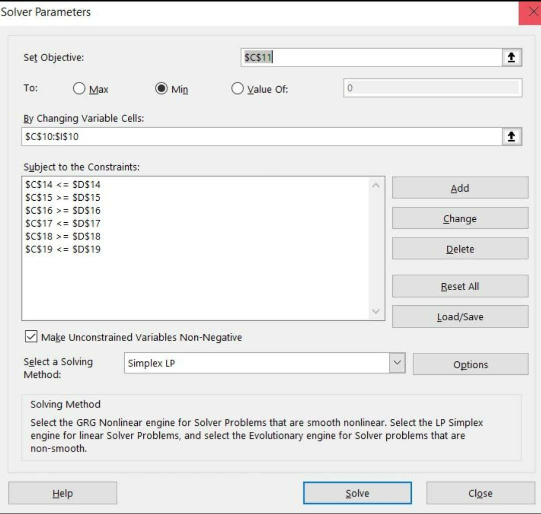 Solver Parameters Set Objective: $C$11 1 To: Max Min O Value Of: 0 By Changing Variable Cells: $C$10:$1$ 10 1 Add Subject to