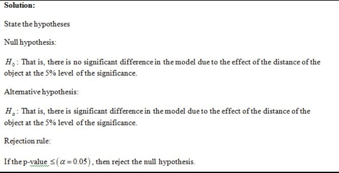 Solution: State the hypotheses Null hypothesis: Ho: That is, there is no significant difference in the model due to the effec