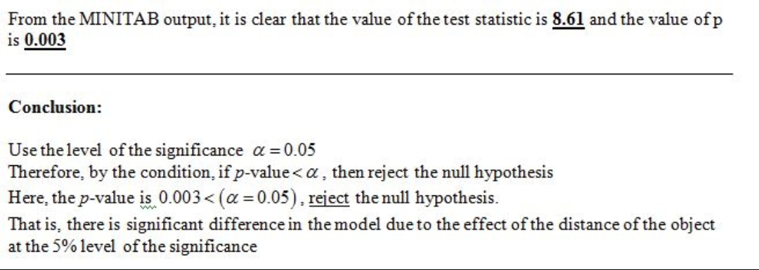 From the MINITAB output, it is clear that the value of the test statistic is 8.61 and the value of p is 0.003 Conclusion: Use