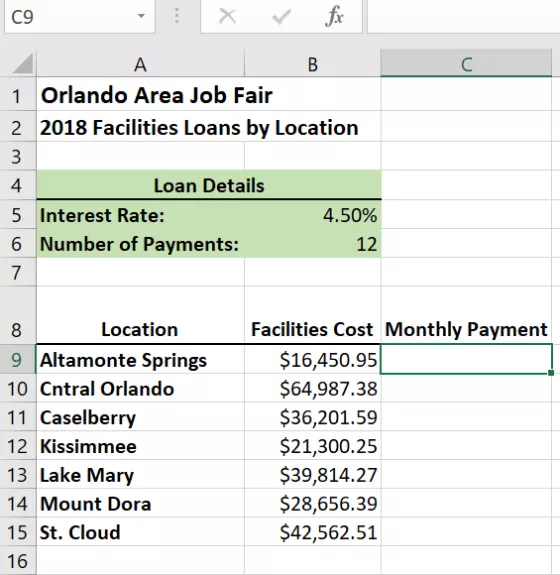 C9 1 Orlando Area Job Fair 2018 Facilities Loans by Location 2 Loan Details 4 5 Interest Rate: 4.50% Number of Payments: 12 6