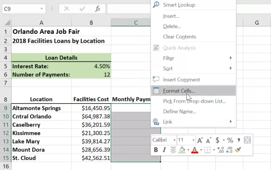 Smart Lookup C9 Insert... Delete... 1 Orlando Area Job Fair Clear Contents 2018 Facilities Loans by Location 2 Quick Analysis