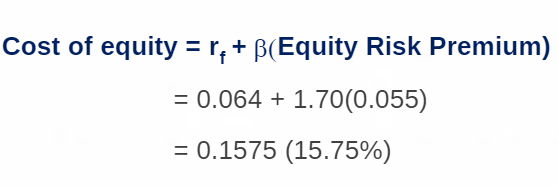 Cost of equity = 14 + B(Equity Risk Premium) = 0.064 + 1.70(0.055) = 0.1575 (15.75%)