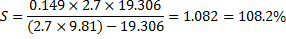 S= 0.149 x 2.7 x 19.306 (2.7 x 9.81)- 19.306 = 1.082 = 108.2%