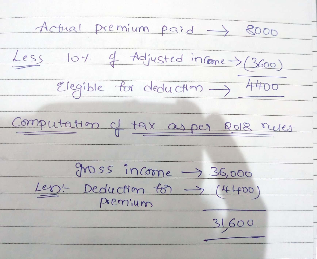 8000 Actual Less lot premium paid of Adjusted income (3600) 4400 for deduction computation cf taxas per 2018 rules gross inco