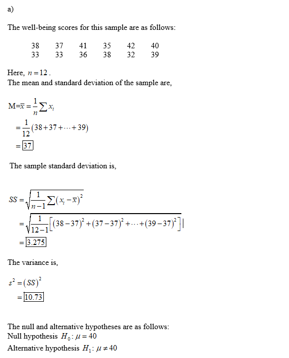 The well-being scores for this sample are as follows: 38 33 37 33 41 36 35 38 42 32 40 39 Here, n =12 The mean and standard d