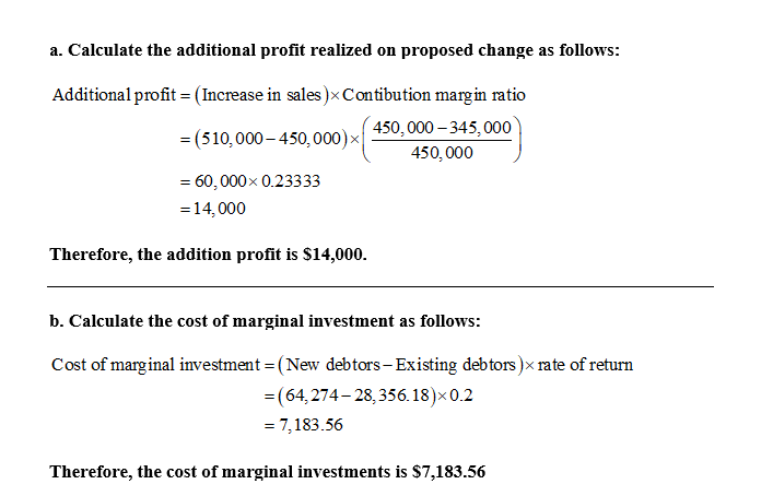 a. Calculate the additional profit realized on proposed change as follows: Additional profit = (Increase in sales)<Contibutio