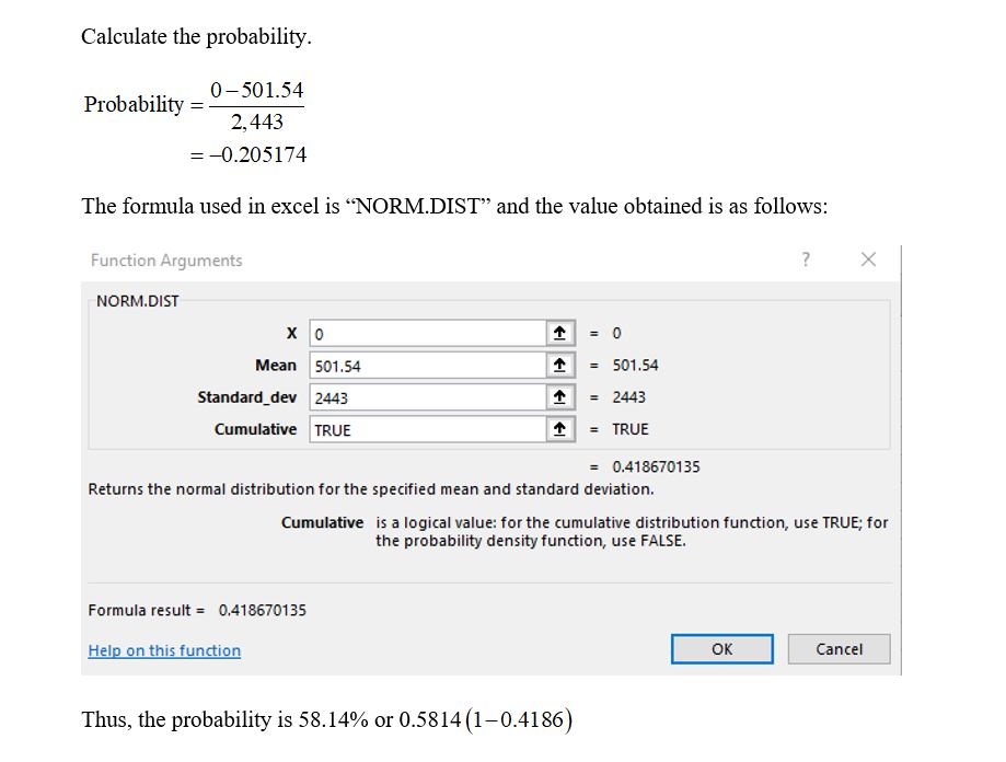 Calculate the probability 0-501.54 Probability 2,443 =-0.205174 The formula used in excel is NORM.DIST and the value obtain