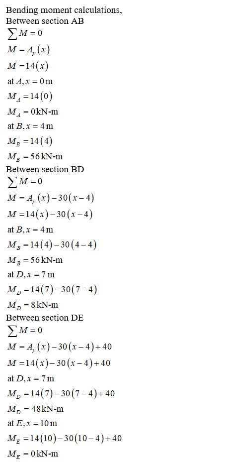 MB Bending moment calculations, Between section AB S? = 0 M = 4, (x) M =14(x) at A, X = 0 m M = 14(0) MA = 0kN-m at B,X = 4 m