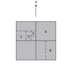 Describe the parcels labeled A, B, C, D, and E in the section shown below.