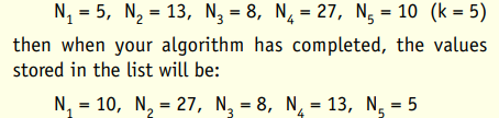 Design and implement an algorithm that is given as input an integer value k = 0 and a list of k...