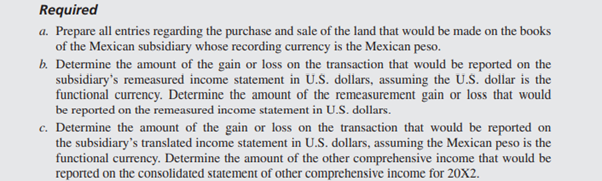 On December 31, 20X2, your company’s Mexican subsidiary sold land at a selling price of 3,000,000...