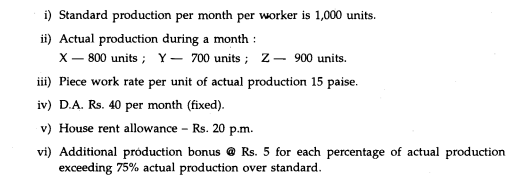 From the following data calculate total monthly remuneration of 3 workers X, Y & Z.