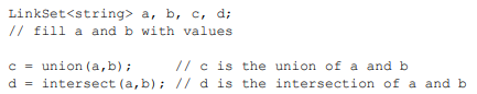 Implement free functions for creating the union and intersection of two LinkSet objects. The union...