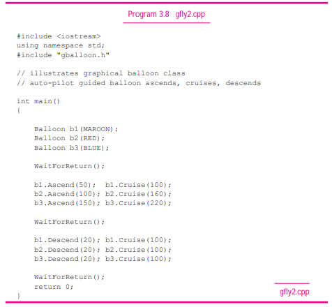 The program gfly2.cpp is shown on the next page as Program 3.8. Several different balloons are used...-1