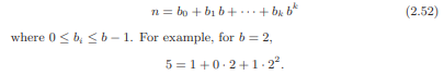 Let n = 0 and b = 2 be integers. The integer n has a unique representation in the base b given by...