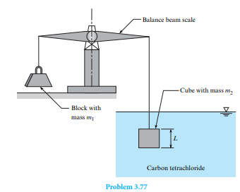 As shown, a cube (L = 94 mm) suspended in carbon tetrachloride is exactly balanced by an object of...